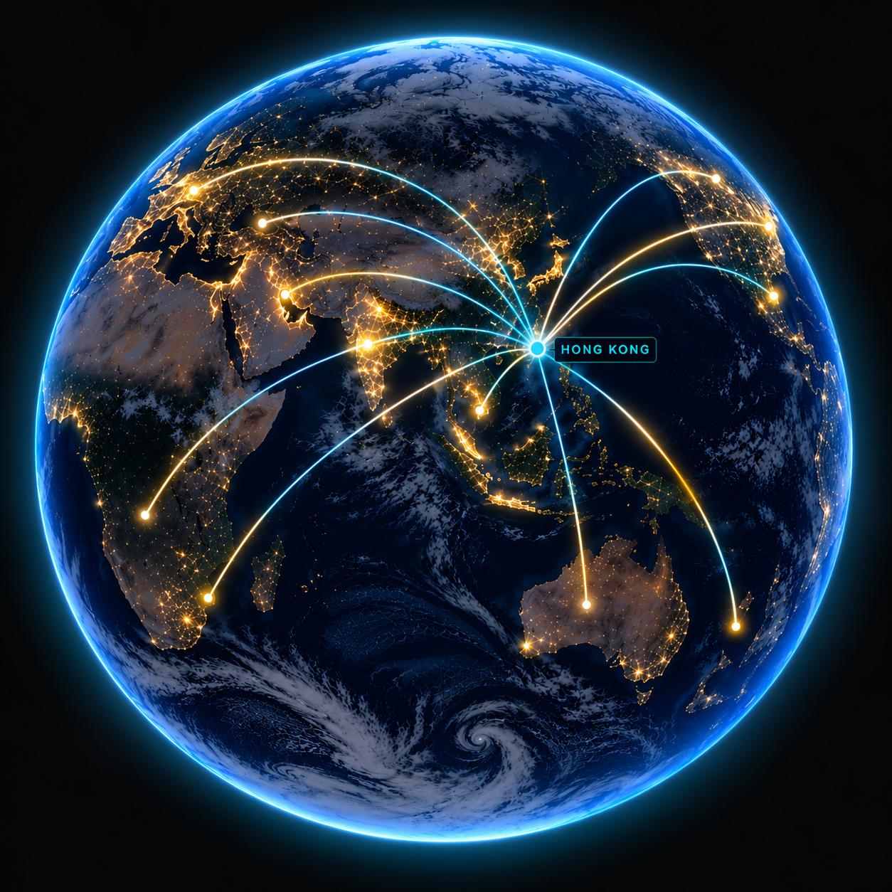 Earth at night with connection lines from Hong Kong to cities around the world